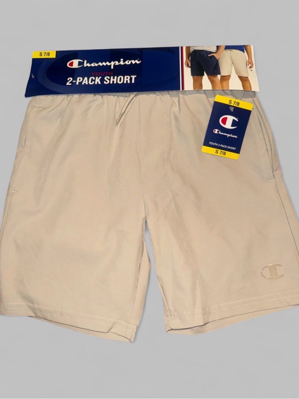 Champion Boys Athletic Drawstring Shorts in Beige and Navy